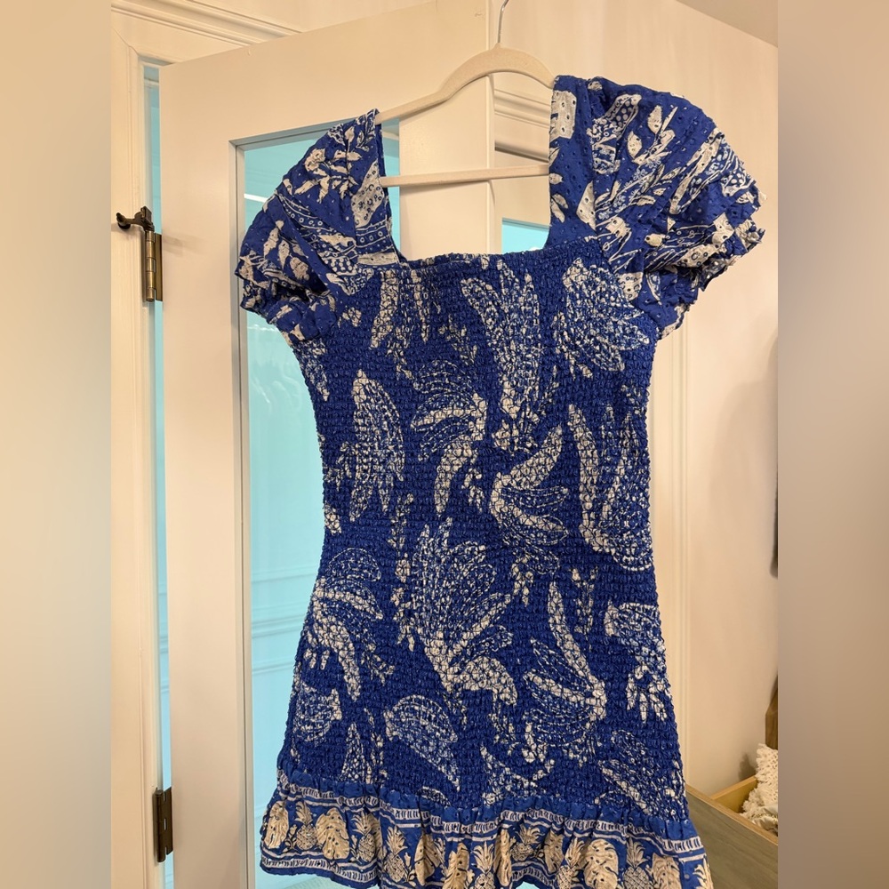 FARM Rio Blue & White Floral Smocked Puff Sleeve Dress L